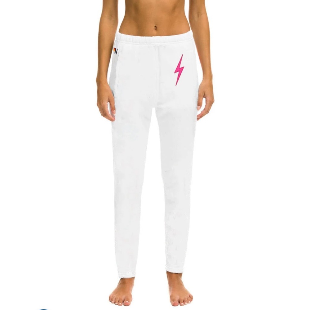 Aviator Nation BOLT STITCH JOGGER SWEATPANTS - WHITE/NEON PINK
